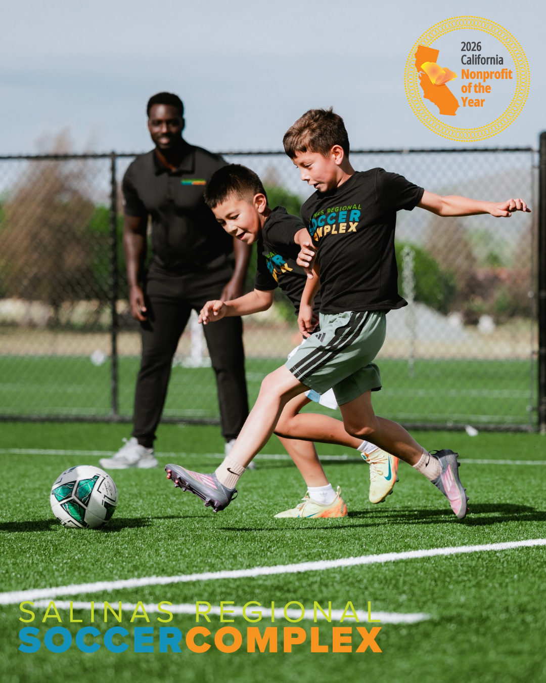 Youth soccer players kicking soccer ball at the Salinas Regional Soccer Complex.